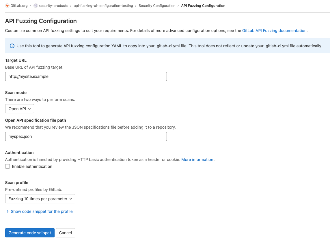 API fuzz testing graphical configuration screen