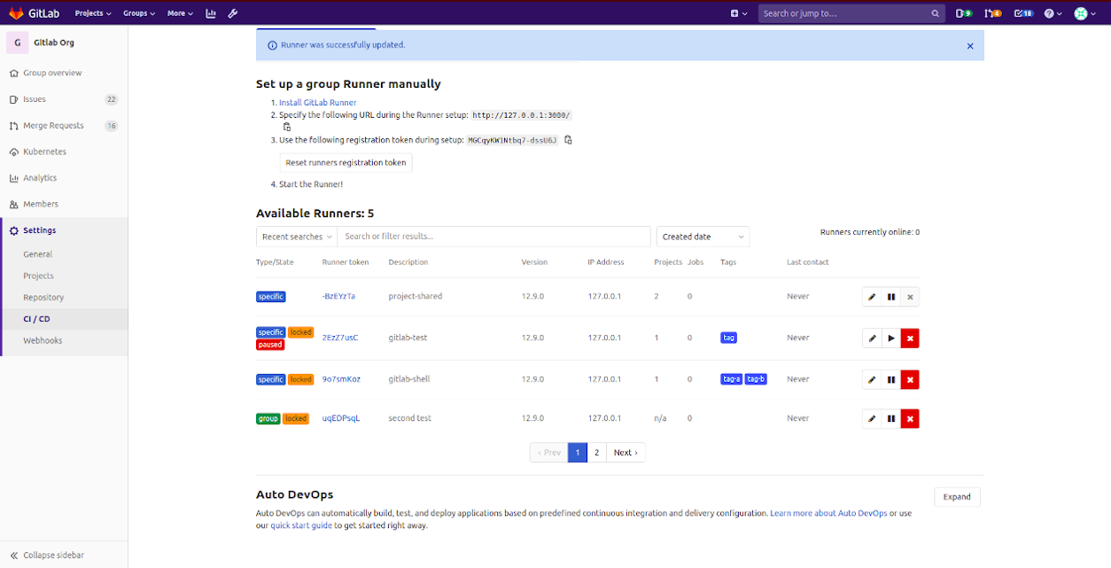 View and manage group Runners