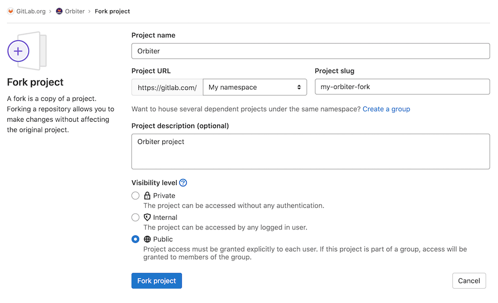 Edit default path and project name when forking