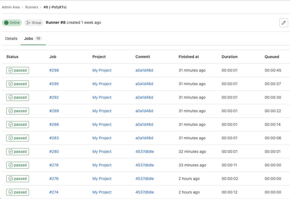 Admin Area Runners - job queued and duration times