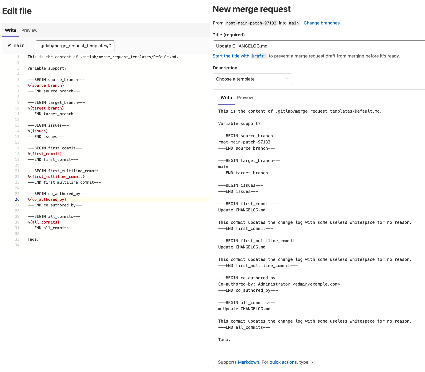 Variables in merge request description templates