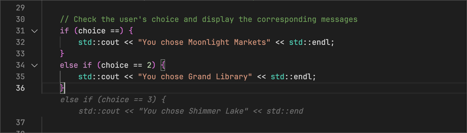 adventure.cpp - Code Suggestions helps the user fill out the rest of the if/else statements for choosing a location